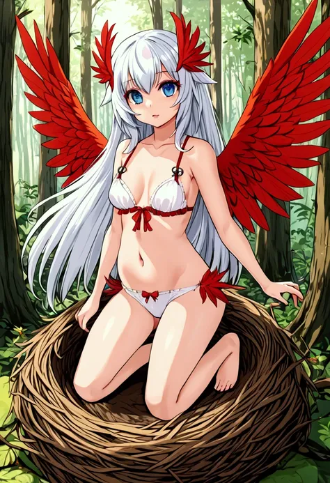 harpy girl,  red feather wings,  white hair,  blue eyes,  underwear,  panties and bra , nest,  forest, loli harpia , Ecchi, monster girl, furry.