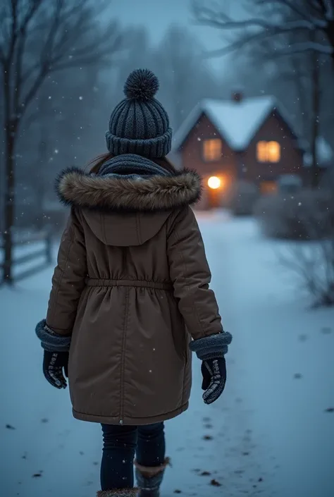 Jeune fille adolescente brune vu de dos habillée avec une tenue hivernale ( grand manteau ) marchant vers une maison de campagne la nuit il ne doit pas y avoir de neige dans l’image et la fille doit se situer un peu plus en arrière plan