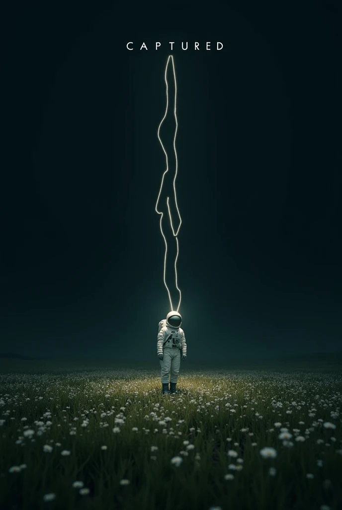 “I’d like a wallpaper with a resolution of 1366x768. The design should feature a lone astronaut floating upwards into a dark, vast space, connected to the ground by two glowing, wavy white lines. The ground below should be covered in a field of small white...