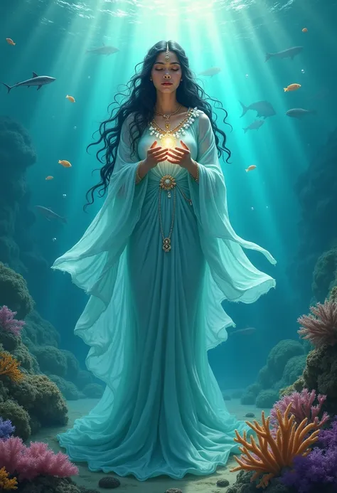 A majestic Iemanjá, queen of the sea, at the bottom of the ocean, surrounded by colorful fish, vibrant corals and rays of light that penetrate the water. She has smooth skin, wears a long light blue cape that moves like waves around her. Her long black hai...