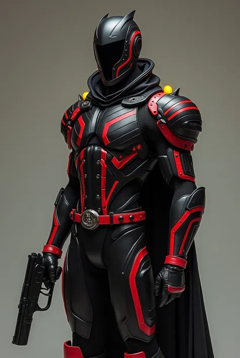 " Create a young goth named Sir Pedro , Brown skin , red eye iris .  He has a thin body , defined.  Your superhero costume is sci-fi futuristic, Color black with red stripes  ,  Gothic style. Yellow LED siren on the shoulder pads, black helmet with red str...