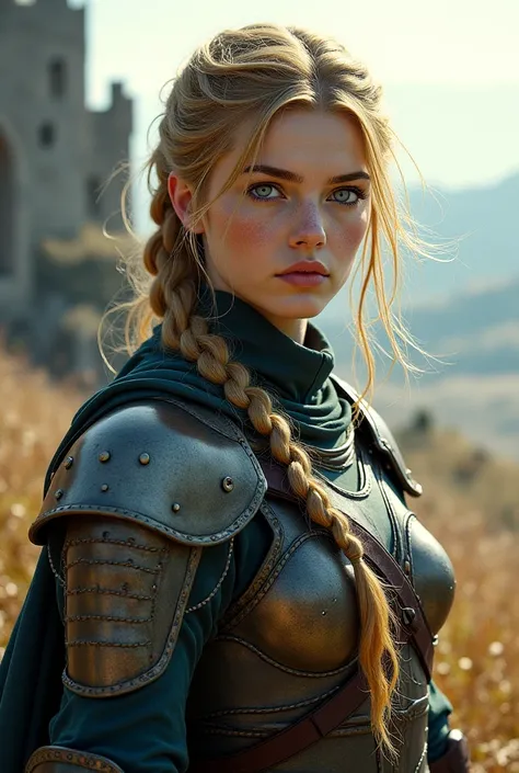 Create an image with the following characteristics Long hair tied in gold, blue eye, Military clothing from the medieval era fantasy