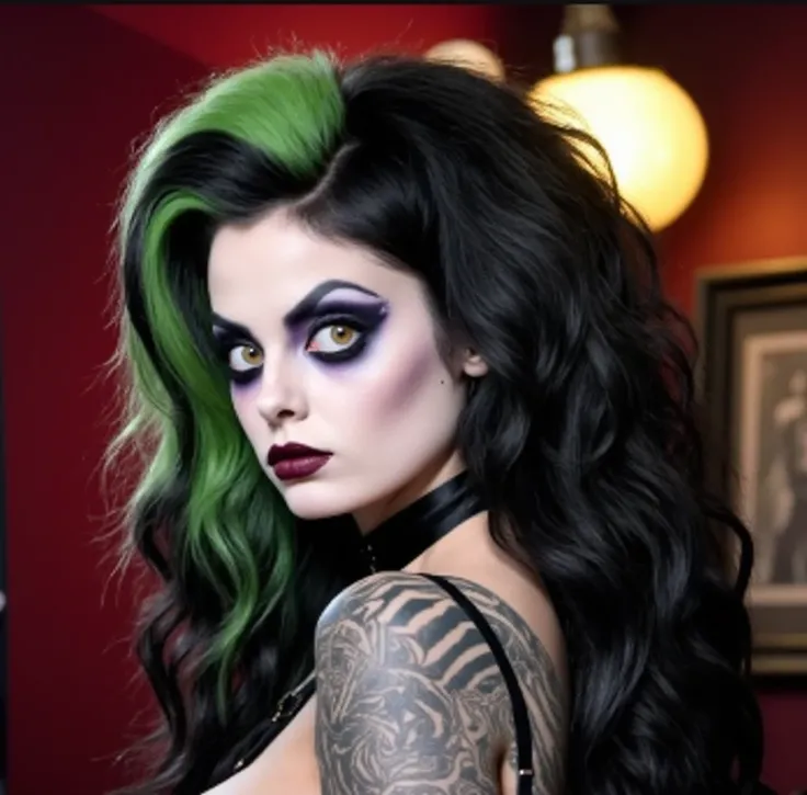 portrait of a striking woman with dramatic makeup featuring bold purple eyeshadow and vibrant green highlights in her hair. She has a confident expression, showcasing her intricate tattoos and wearing a choker necklace. The background has a moody, vintage ...