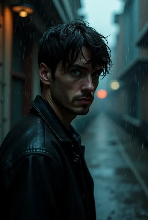 Man with short black hair falling down his face in a disheveled manner and with gray eyes against a background of a dark alley with rain 