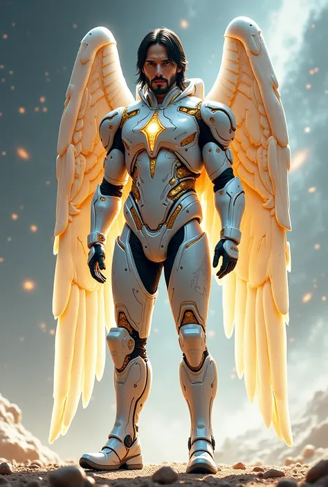 Draw me John Wick in Space Marine in white and gold marbled armor. The style is futuristic . He wears a jet pack on his back with robotic angel wings.