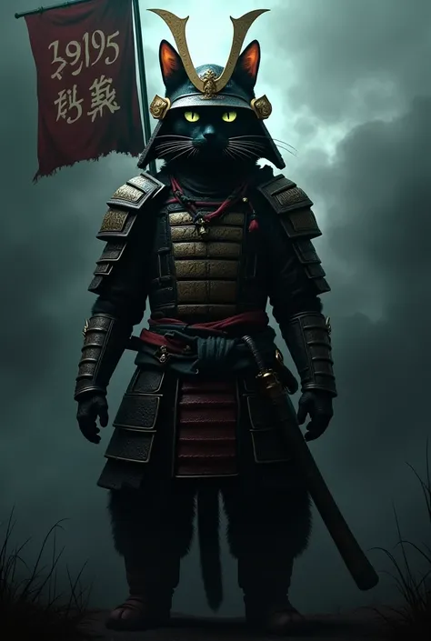 A SAMURAI CAT WITH A SAMURAI HELMET AND A BANNER ON HIS BACK THAT SAYS SERVER 1995 IN A GLOOMY SCARY ENVIROMENT 