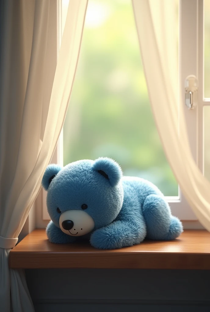 "A small, realistic blue teddy bear sitting on a wooden windowsill, bathed in soft, warm sunlight with shadows from the curtains."