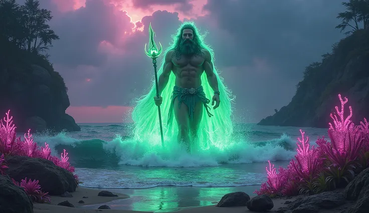 (((Neptune, the god of the ocean, can be seen above the waters of the beach, illuminated by his own green light, majestic and seductive, holding a trident)))1.8. The scene is completed with many colorful and bioluminescent terrestrial plants, a magenta aur...