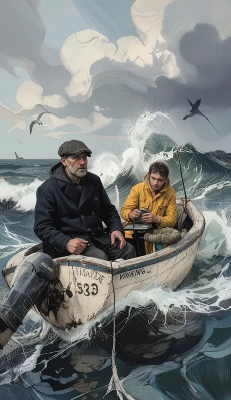 The scene you’ve described is rich with detail and emotion, evoking a vivid image of a small fishing boat battling the elements. Here’s a breakdown of how this weathered, impressionistic oil painting might come to life:

The Boat ("Viking"):
The small wood...