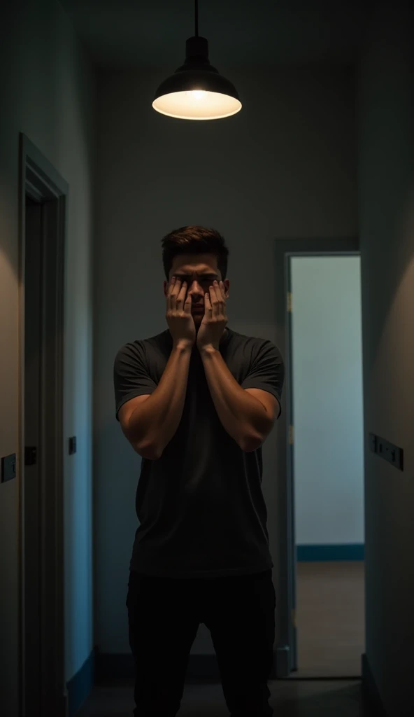  The young man is standing in a dark corridor ,  with his hands on his face,  expressing internal conflict .  The light of a pendant lamp creates a play of light and shadow,  highlighting its distressed expression . In the background, a half-open door reve...