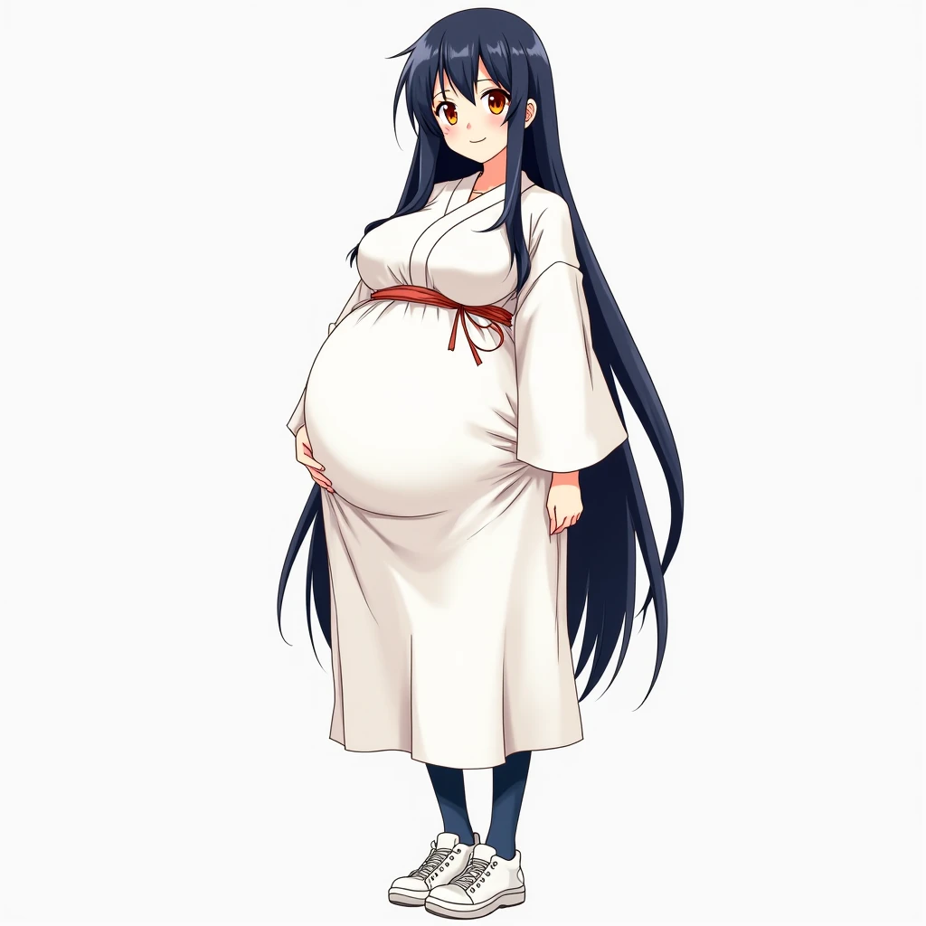 anime girl, long hair,dark blue hair, big pregnant, orange eyes , very big breasts, very big belly , pregnant girl, biggest belly , anime style,big breasts, pregnant girl with big belly, smile, dark blue thin tights, white long kimono dress, big pregnant b...