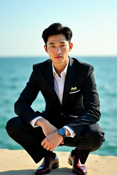  Handsome young Korean guy wearing a black suit, was sitting squatting wearing a watch, there is the name DONTOL on his chest ,  and against the background of the ocean 