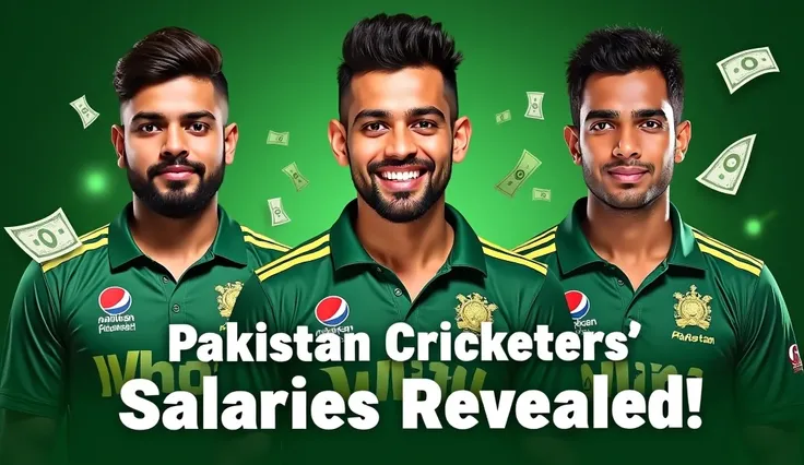 Create an eye-catching thumbnail showing the salaries of top Pakistani cricketers: Babar Azam, Muhammad Rizwan, and Shaheen Shah Afridi. Their faces must be clearly visible in the image, with a bold, engaging design. Include a headline like 'Pakistan Crick...