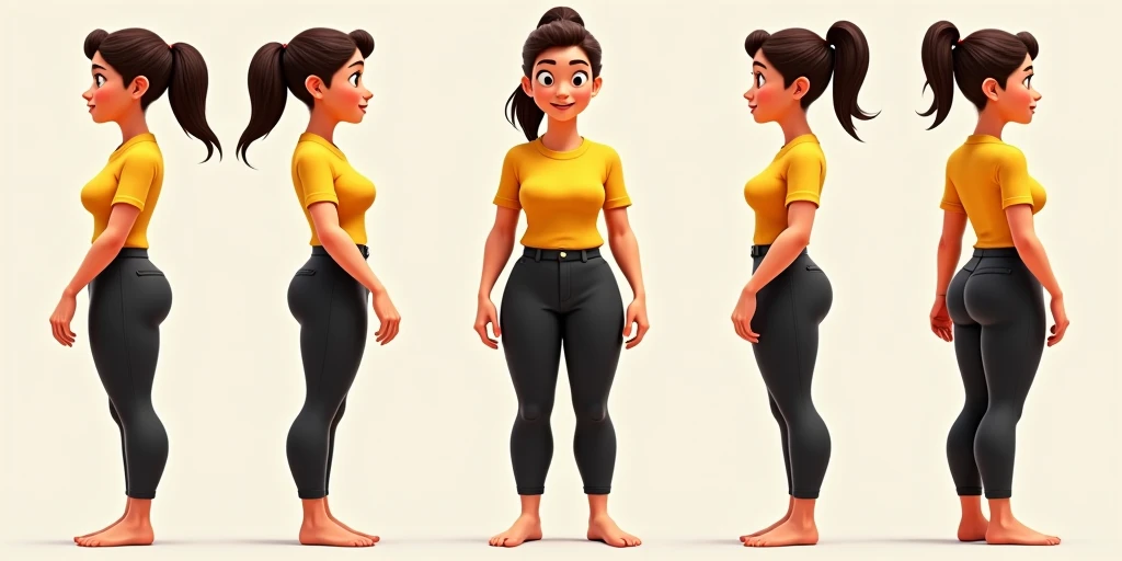 Woman yellow shirt black pants with hair tied in a ponytail in Disney Pixar style model sheet 