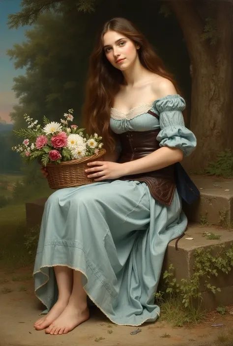 " A painting in the style of William-Adolphe Bouguereau , depicting a woman with brown hair ,  wearing a light blue dress with leather armor ,  holding a basket of flowers sitting barefoot ,  with a serene expression,  highlighted on her delicate feet with...