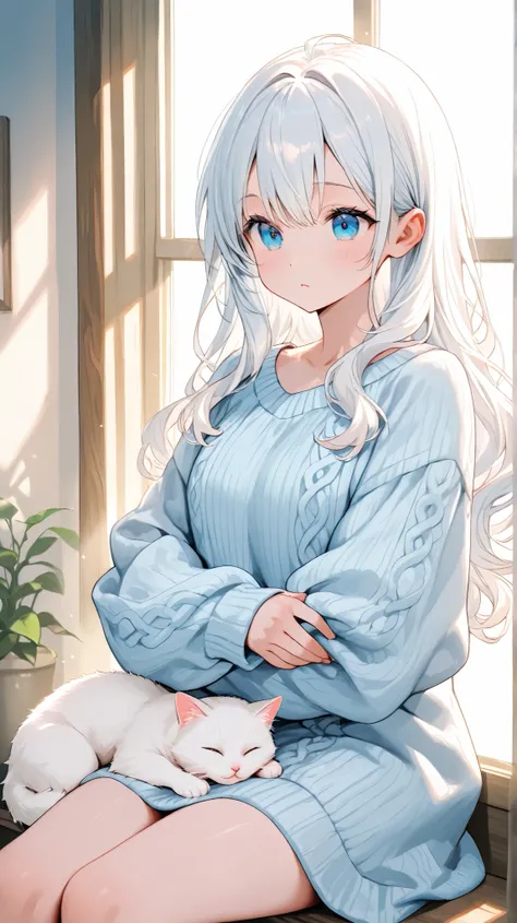 A cute girl with adorable blue eyes, with long wavy white hair, wearing a cozy oversized sweater, holding a fluffy white cat in her arms while sitting by a window with soft sunlight.