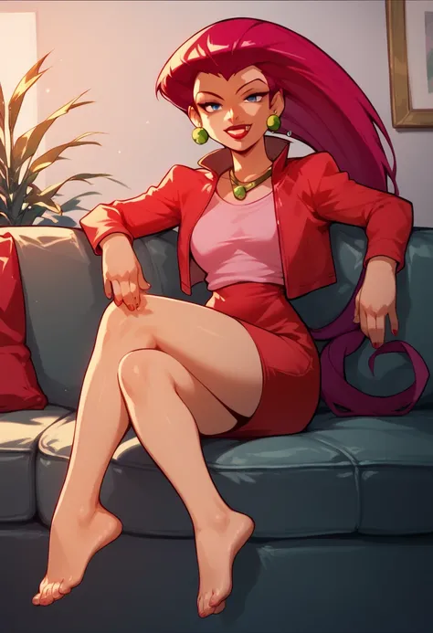 1girl, score_9, score_8, Jessie, red hair, lipstick,
earrings, red jacket, pink shirt, red skirt, barefoot, feet,
earrings, necklace, red dress, short dress, barefoot, feet,sitting on sofa, seductive smile,