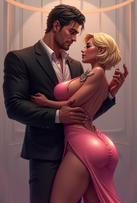 a beautiful woman short blond hair, small waist, wearing a sexy shining very tight pink dress, slit on the tight, full body, dancing with hands on the chest of a very tall attractive big muscled man wearing a black suit, holding her waist, full body profil...