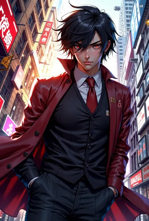 shaft head tilt, cowboy shot, masterpiece,best quality,ultra-detailed,Cinematic Lighting,llustration,araragi koyomi, solo, school uniform, 1boy, male focus, black hair, naoetsu high school uniform, hair over one eye, ahoge, standing, koyomi araragi