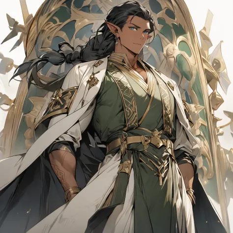 A distinguished masculine elf with long, raven-black hair tied loosely behind his back and piercing blue eyes, His strong features are complemented by a simple yet elegant tunic of muted greens and grays, etched with ancient runes, and his Beautiful tan sk...