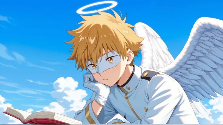 Full pure White hero masked men anime, solo, male focus,white angle uniform,white mask,white eye mask,gloves,angel,1boy,male focus,big white angel wing,angel halo,golden eyes,day sky clouds heaven bankground,inuzuka shuu, blonde,boring,playful, resting on ...