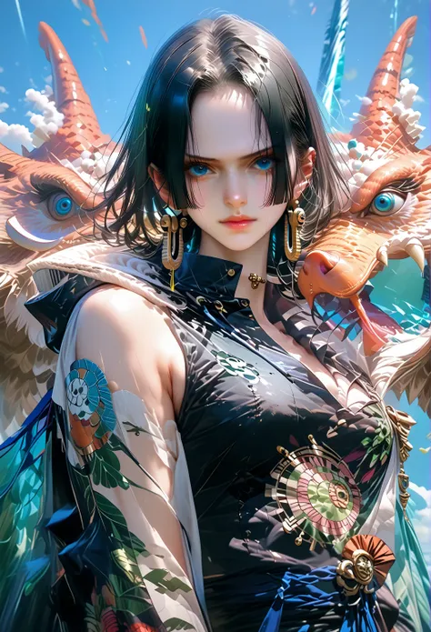 boa hancock,black hair,blue eye,ใบหน้าที่สวยงามมาก, ดวงตาที่สวยมาก, source anime,boa hancock in hyperrealistic tight fitting clothes with full body futuristic technological clothing and accessories with amazing technological background, มองตรงไปที่กล้อง. ถ...