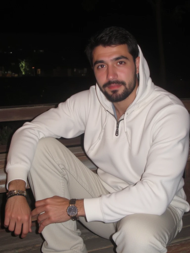 a random amateur photo of a very handsome turkish guy with dark short hair and a goatee beard long he wearing a white halfzip sweatshirt and a light loose jeans he have big muscles and location is turkiye istanbul amateur picture its night 