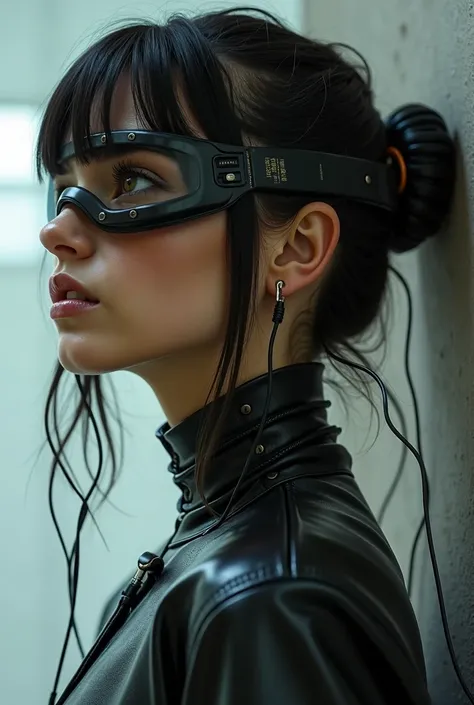 generates an image ,  cyberpunk image of a girl in tight leather clothing with a visor "Nailed"  style in their eyes and thick cables coming out of the front of it. pulling these cables with their hands. A blade runner style .  Face up. in 3/4 profile . Th...