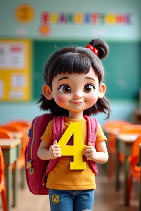 A four-year-old girl wears a school bag and stands in front of the teacher's desk in the classroom and holds number 4