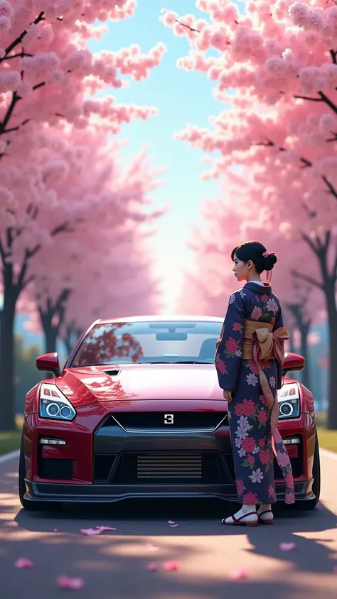 ( photorealism:1.2), Nissan GTR R33 and 、 Japanese woman standing in front of a car with cherry trees in the background 