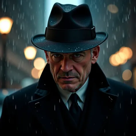 close-up picture of a man wearing a black suit with a hat walking in the rain