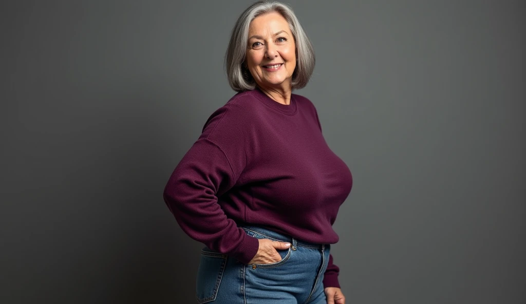 Youtube thumbnail of a side view of a hyperrealistic photo of a very beautiful 60-year-old Portuguese woman, very mature and voluptuous, gray hair with a modern and elegant bob cut. She has very generous curves and a feminine figure, with large breasts hig...