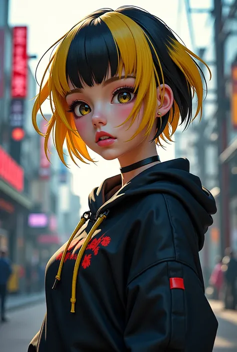 Girl with short blond and black hair to the shoulders with the tips of the front side facing in and the back side out, Style Tokyo Revengers 