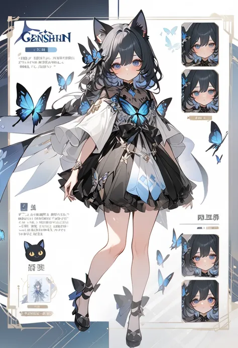 Genshin Impact, Wonshin impact costume, Standing,   character sheet  ,  긴 head, A thin bridge, Hair / 검은 head,파란 head 투톤,Pontine ,
cat eyes,   Eyes with Raised Corners , head, 긴 head,
 ,  light blue butterfly  , Butterfly Character , Blue Ribbon Dress  ,  ...