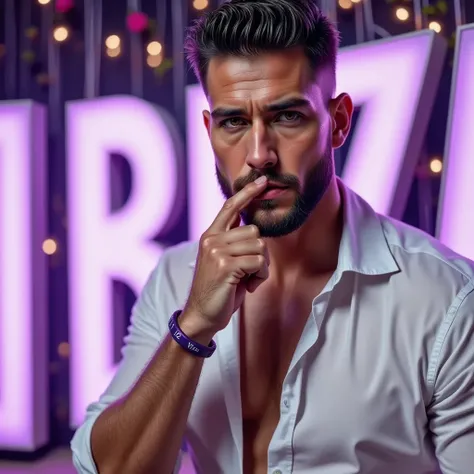 Homem Cabelo Cabelo Black Diseño 
"Slicked fade" The hair is shaved on the sides with green eyes ,  shiny white skin and muscular body ,  masculine and sexy energy , defined chin, small round beard,  Thick lips. Purple bracelet on the hand written VIP. whi...