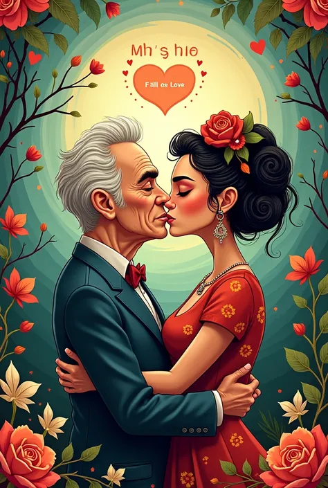 Generate an image of the old writer Hild Hist kissing the painter Frida Kalo with a very sharp eyebrow in a well-stylized cartoon shape, and the sayings " it's impossible not to fall in love "