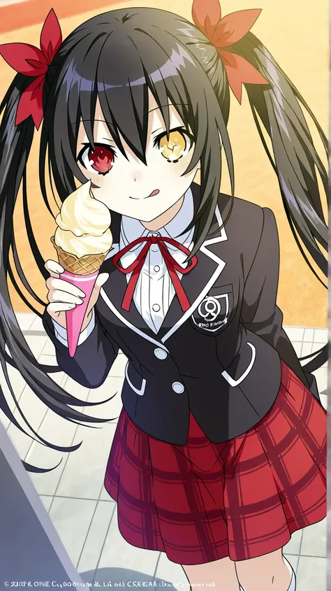 An anime-style illustration of Kurumi Tokisaki from Date A Live, wearing her classic school uniform from the series: a black blazer with red accents, a white blouse, and a red plaid skirt. She is holding an ice cream cone, delicately licking it with a play...