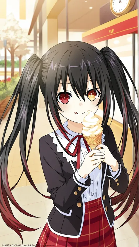 An anime-style illustration of Kurumi Tokisaki from Date A Live, wearing her classic school uniform from the series: a black blazer with red accents, a white blouse, and a red plaid skirt. She is holding an ice cream cone, delicately licking it with a play...