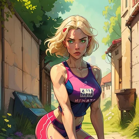 Nina is a 40-year-old woman, Athletic, short blonde hair, green eyes and beautiful. she is trainning in a gym.  The style of the image is drawing, stunning digital illustration, Highly detailed 4k digital art, Beautiful digital artwork, vibrant cartoon, ep...