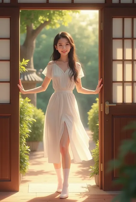  draw me a beautiful Asian girl who smiles and greets me at the entrance of the house. In white stockings. white dress . sweet and gentle . with a beautiful long hairstyle . sexy girl