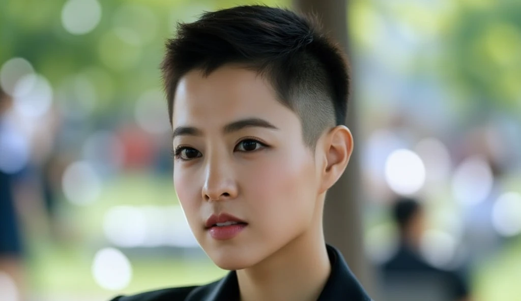  a clean precise men inspired super short buzzcut and with a high fade undercut and a side shave for a woman "Park Boyoung" 