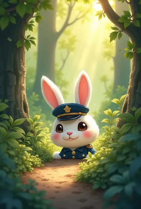 ( Illustration : officer, a cute white bunny ,  peeking on a hidden path among the trees,  with sunbeams crossing the leaves .)