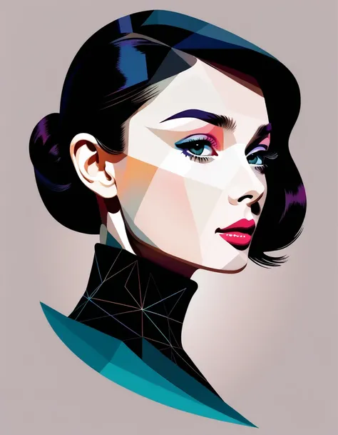 (((Vector, Flatform Style, Illustration, Numeric art illustration))), girl (((Audrey Hepburn))) personality, pretty face, profile, portrait, shoulders, black high neck, Geometric gradient, artistic conception, abstractMinimalism, Minimalist Line, Portrait