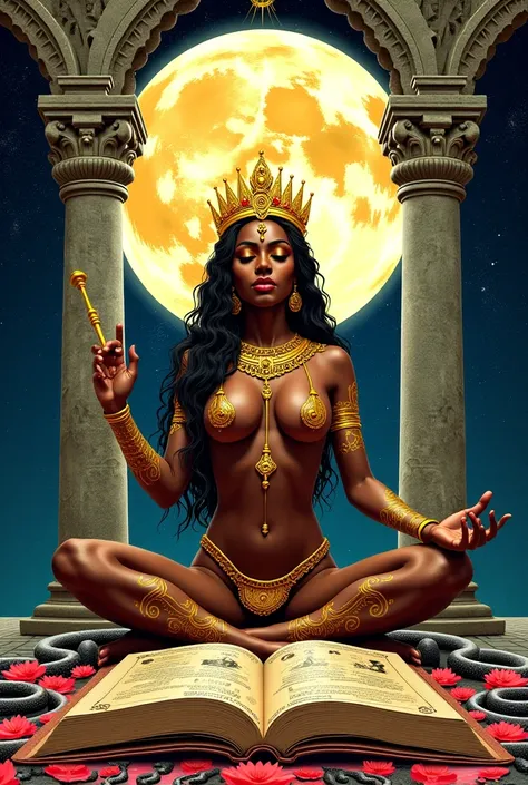 Mystical erotic tarot card art illustration: 'The High Priestess of Sacred Sexuality'  

Confident Black woman with radiant skin, she ks nude in a sexy meditative pose; sitting in a big full moon between two ancient stone columns shaped like big penises. H...