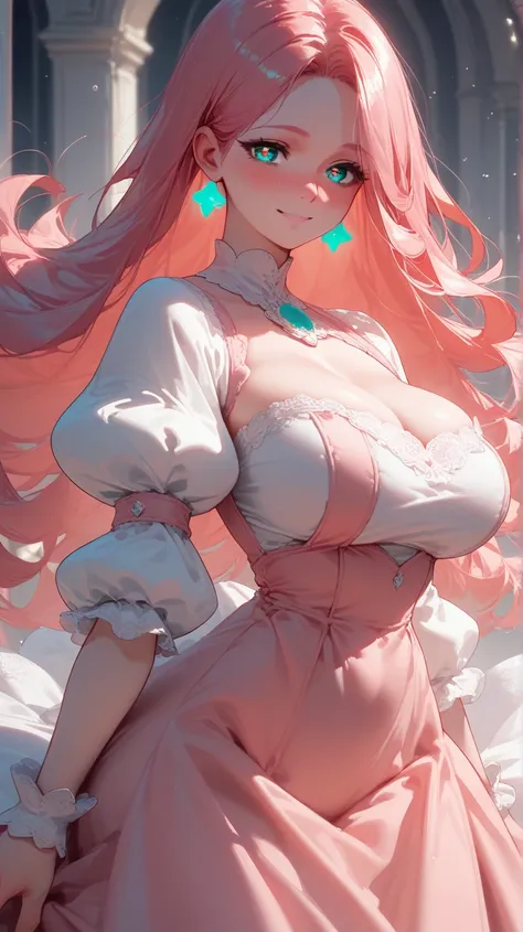 red long hair, aqua eyes, pupils sparkling, longeyelashes, light smile, full blush, pink long dress, white puff sleeves, big breast, big butt, 8k, super detail