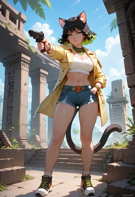 score_9, score_8_up, score_7_up, holding weapon, holding gun, handgun, hand in pocket, aiming, 1girl, xivmc, cat girl, animal ears, two-tone hair, green eyes, slit pupils, tail, yellow jacket, jean shorts, outdoors, aztec ruins, shoes,
