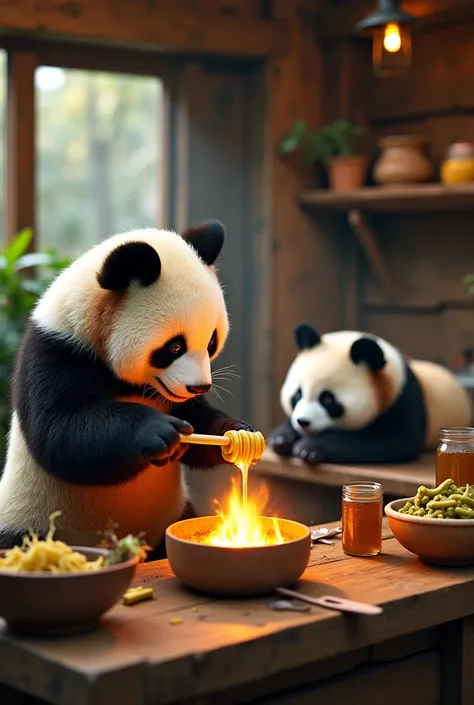 "Inside a rustic panda home, a caring male panda is in the kitchen, carefully preparing bamboo shoots mixed with honey. He is focused but slightly clumsy, surrounded by cooking tools and ingredients. A warm fire glows under a small pot, and the cozy kitche...