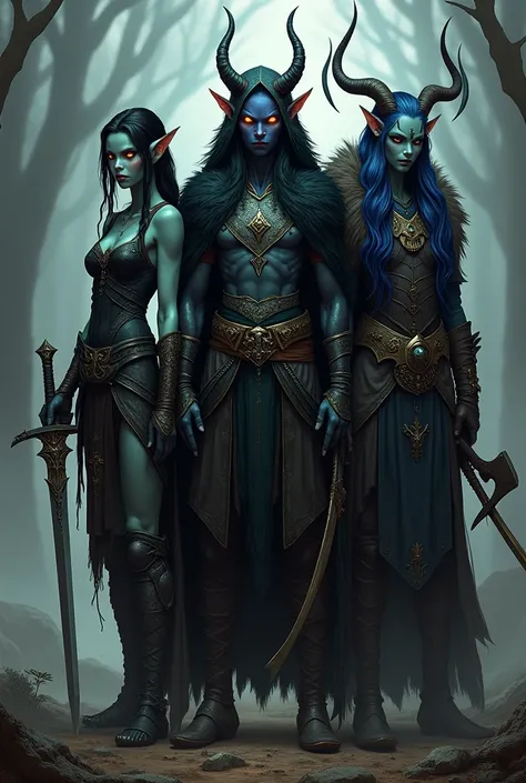 A group of three adventurers standing together in dynamic pose

Amalthea, a lean dark elf (drow) rogue with seafoam skin, glowing amber eyes, and long black hair with two braids. She wears dark leather armor, tall boots, and wields dual poisoned swords.

N...