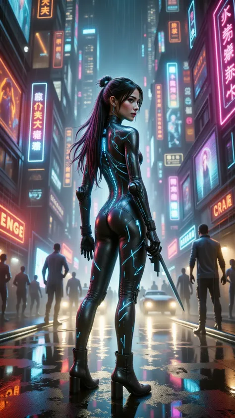 prompt: |
  A young female cyberpunk warrior standing in the midst of a neon-lit futuristic cityscape. She wears a sleek, high-tech bodysuit infused with glowing holographic patterns, seamlessly shifting between transparency and solid form. Her cybernetic ...