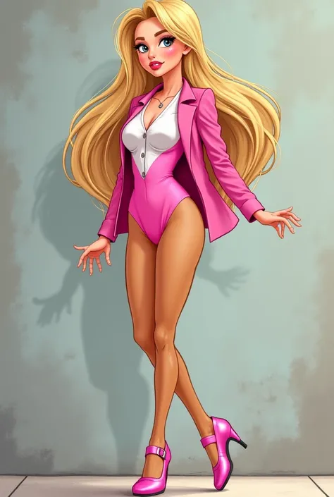 The illustration is a high definition illustration with 4k resolution, with highly detailed facial features and cartoon style visuals, beautiful woman, concrete wall background, pink leotard, white button shirt under her pink jacket, pink Mary Jane tap sho...